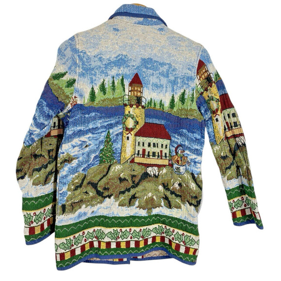 Lighthouse Tapestry Coat Jacket Christmas Art to Wear Grandmacore Size Small Vtg - Picture 12 of 16